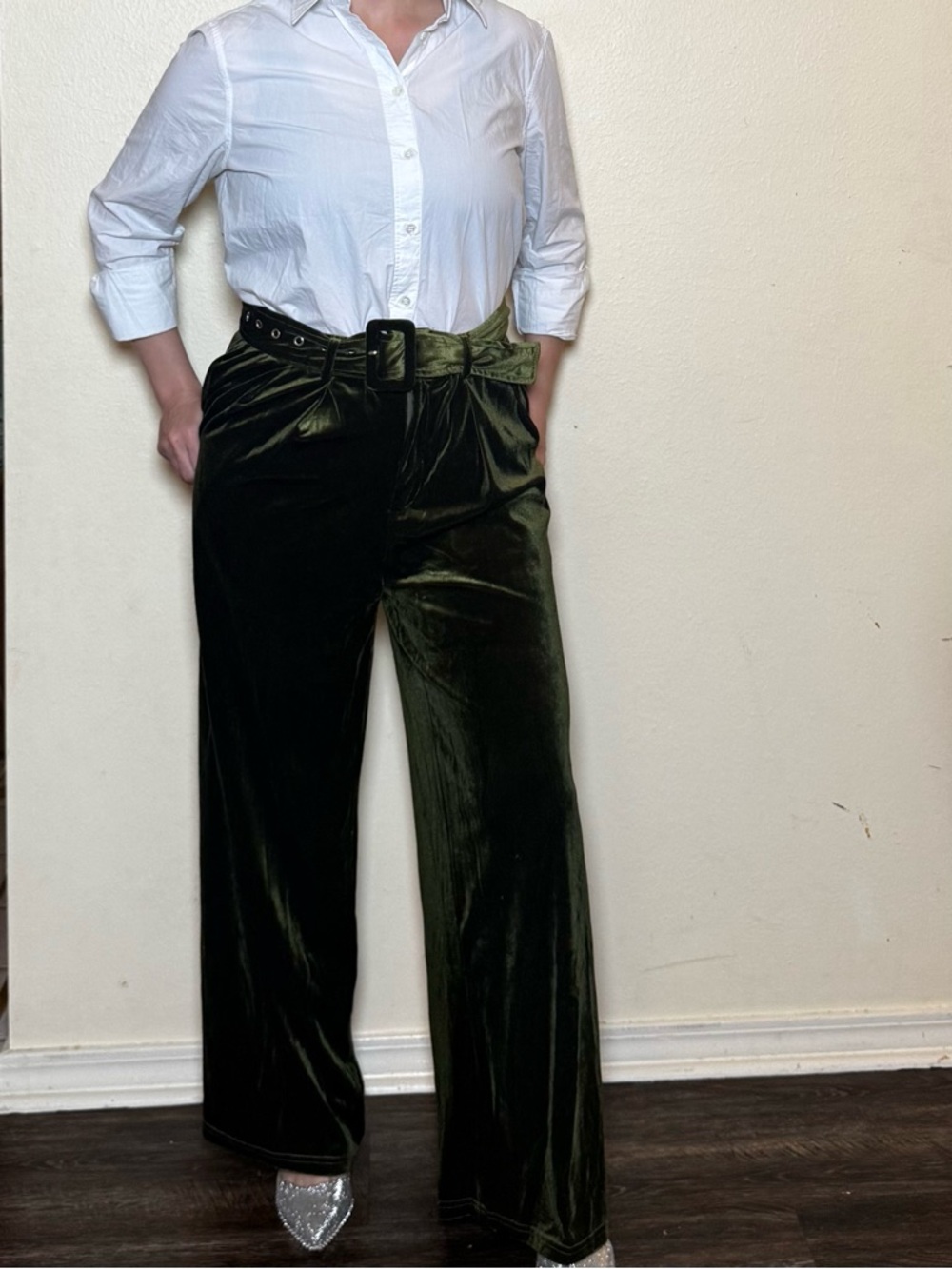 Cider Velvet Mid Waist Pocket Wide Leg Trousers With Belt